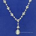 925 Sterling Silver Necklace with White Glass Pearl and White CZ in Rhodium Plating